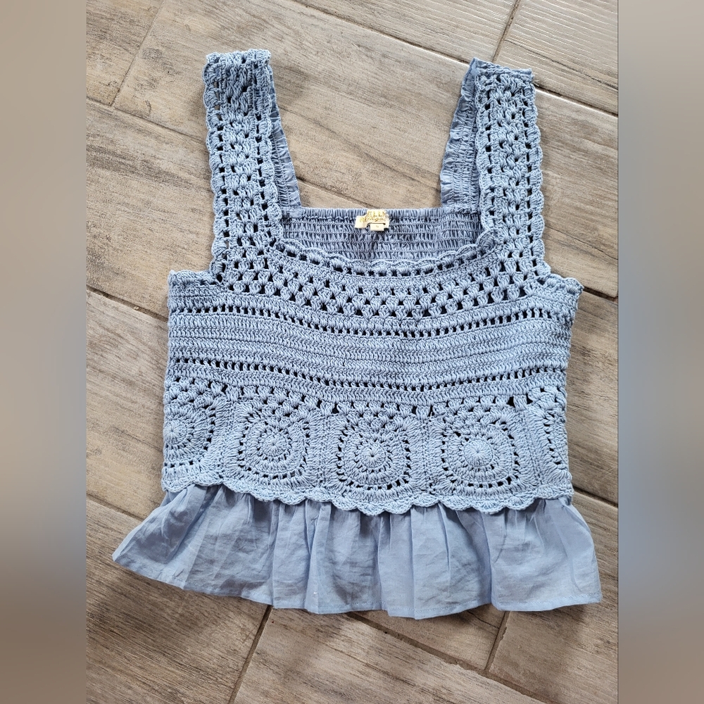 Coastal Boho Crocheted Smocked Blue Cropped Top Tank Size Small- Rebellion Again - Picture 4 of 5
